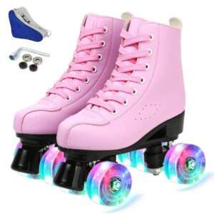 women's roller skates pu leather high-top roller skates four-wheel roller skates shiny roller skates with carry bag for girls (pink flash wheel,us:9)
