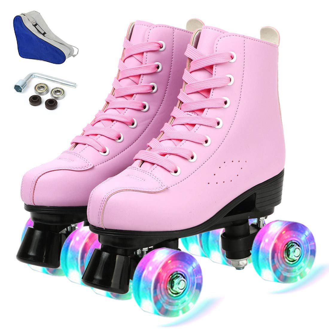 Women's Roller Skates PU Leather High-top Roller Skates Four-Wheel Roller Skates Shiny Roller Skates with Carry Bag for Girls (Pink Flash Wheel,US:9)