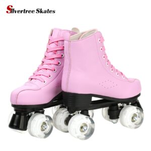 Women's Roller Skates PU Leather High-top Roller Skates Four-Wheel Roller Skates Shiny Roller Skates with Carry Bag for Girls (Pink Flash Wheel,US:9)