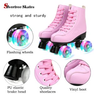 Women's Roller Skates PU Leather High-top Roller Skates Four-Wheel Roller Skates Shiny Roller Skates with Carry Bag for Girls (Pink Flash Wheel,US:9)