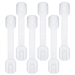 child safety cabinet locks (6 pack) adhesive furniture latches for baby proofing cabinets, drawers, appliances, toilet seat, fridge, oven & more,no tools or drilling - adjustable strap