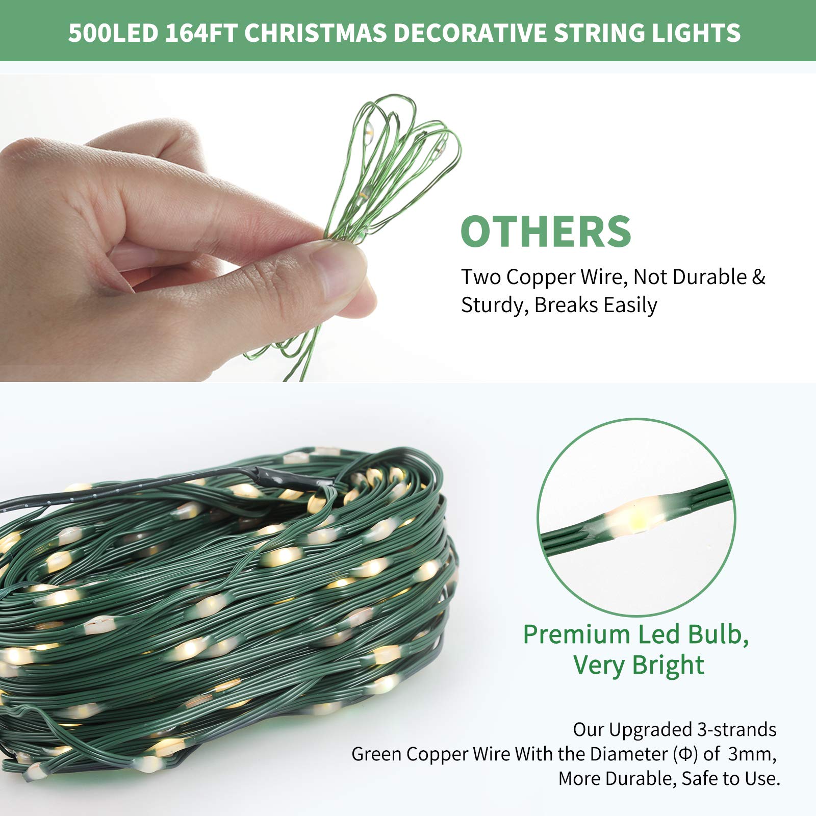 Tcamp 164FT 500 LED Christmas Lights, 8 Modes Christmas Tree Lights with Timer Memory Function, Green Wire Starry Fairy String Lights for Christmas Tree Halloween Outdoor Indoor Decor (Warm White)