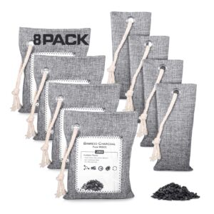 wgcc bamboo charcoal air purifying bag 8 pack, activated charcoal bags odor absorber, natural car air freshener, moisture absorber for closet, shoe, car, large room, pet safe (4x75g, 4x200g)