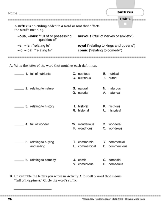 Suffixes: -ous, -ious, -al, -ial, -ic, -ical