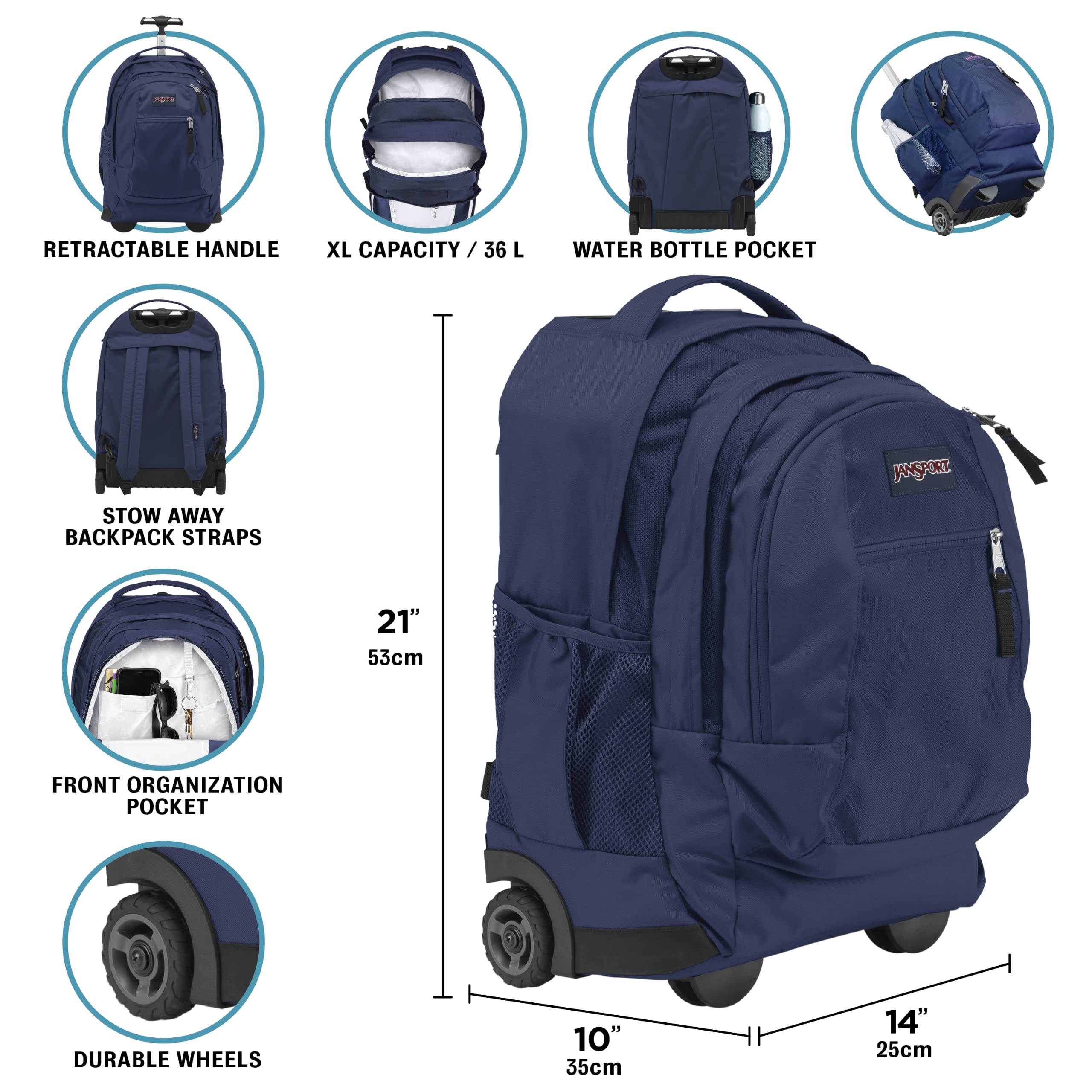 JanSport Driver 8 Rolling Backpack and Computer Bag, Lucky Bandana - Durable Laptop Backpack with Wheels, Tuckaway Straps, 15-inch Laptop Sleeve - Premium Bag Rucksack