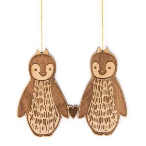 penguin pair laser cut wood ornaments - comes with 2 [christmas, holiday, love, anniversary, personalized gifts, custom message, stocking stuffers]