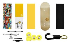 teak tuning fingerboard starter set no. 3 - includes maple fingerboard deck, 3 deck graphic wraps, 1 piece of trick tape, set of white trucks, yellow-colored wheels, and a carrier