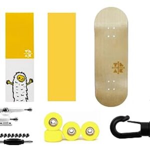 Teak Tuning Fingerboard Starter Set No. 3 - Includes Maple Fingerboard Deck, 3 Deck Graphic Wraps, 1 Piece of Trick Tape, Set of White Trucks, Yellow-Colored Wheels, and a Carrier