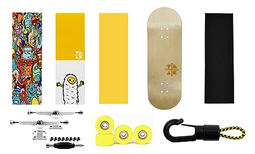 Teak Tuning Fingerboard Starter Set No. 3 - Includes Maple Fingerboard Deck, 3 Deck Graphic Wraps, 1 Piece of Trick Tape, Set of White Trucks, Yellow-Colored Wheels, and a Carrier