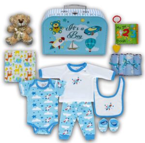 welcome to the world baby boy suitcase, baby layette set and new baby essentials in a keepsake suitcase box, blue, medium baby boy gift set - nikki’s gift baskets