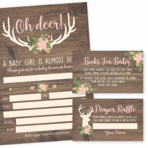 25 oh deer baby shower invitations, 25 books for baby shower request cards, 25 baby shower diaper raffle tickets for baby shower girl, cute pink rustic buck write in diaper raffle cards