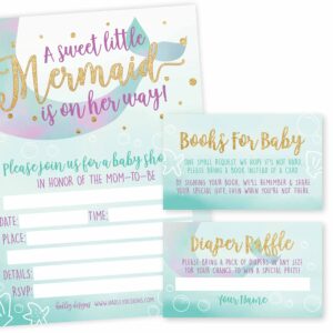 25 mermaid baby shower invitations, 25 book request baby shower guest book alternative, 25 baby shower diaper raffle tickets for baby shower, under the sea nautical on her way diaper raffle cards