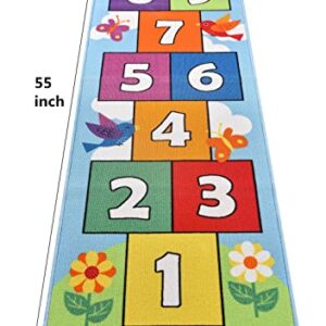 Hop and Count Hopscotch Rug, Kids Floor Play Area Rug Game Carpet Crawl Jump Mat, Children Numbers Learning Non-Slip Rug, Great for Ages 3 to 7 Boys Girls, Home Decor, 26''x55''