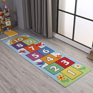 Hop and Count Hopscotch Rug, Kids Floor Play Area Rug Game Carpet Crawl Jump Mat, Children Numbers Learning Non-Slip Rug, Great for Ages 3 to 7 Boys Girls, Home Decor, 26''x55''