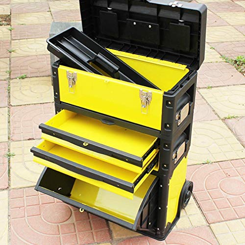 YGCBL Multifunction Portable Hand Trucks,Trolleytool Trolley Cart 3-Tier Combination Pull Rod Organizer Multifunction Large Toolbox Load Bearing 80Kg, 520X320X720Mm,Black+Yellow