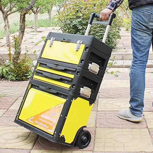 YGCBL Multifunction Portable Hand Trucks,Trolleytool Trolley Cart 3-Tier Combination Pull Rod Organizer Multifunction Large Toolbox Load Bearing 80Kg, 520X320X720Mm,Black+Yellow