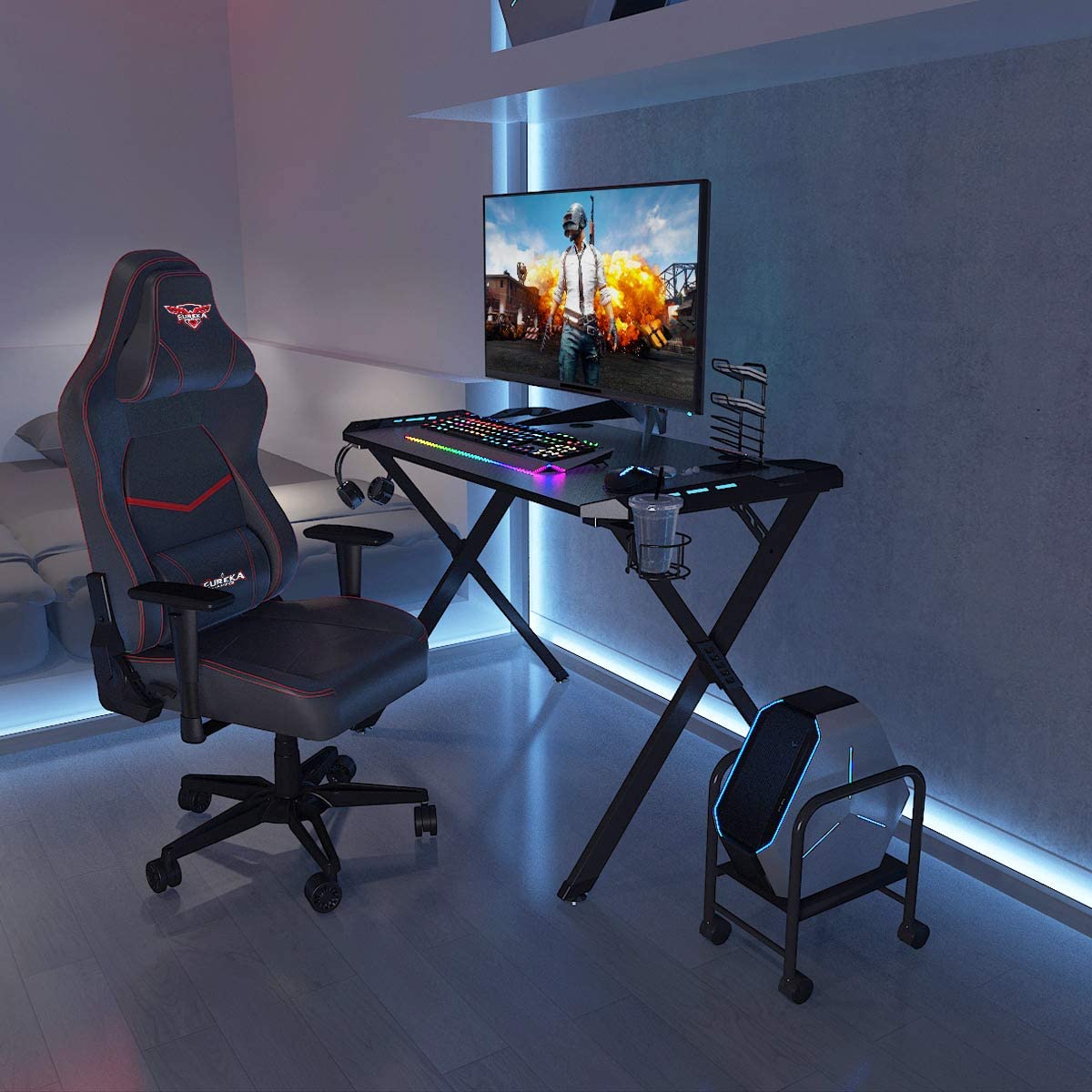 It's_Organized LED Light Computer Desk,44 X 24 Inches RGB Gaming Desk,Home Office Study Writing Tables Desk with Free Mouse Pad,Handle Rack,Cup Holder, Headphone Hook