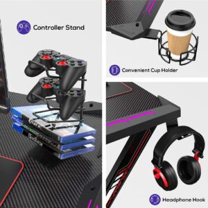 It's_Organized LED Light Computer Desk,44 X 24 Inches RGB Gaming Desk,Home Office Study Writing Tables Desk with Free Mouse Pad,Handle Rack,Cup Holder, Headphone Hook