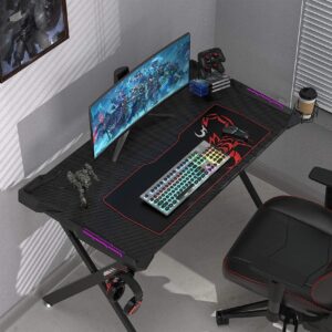 It's_Organized LED Light Computer Desk,44 X 24 Inches RGB Gaming Desk,Home Office Study Writing Tables Desk with Free Mouse Pad,Handle Rack,Cup Holder, Headphone Hook