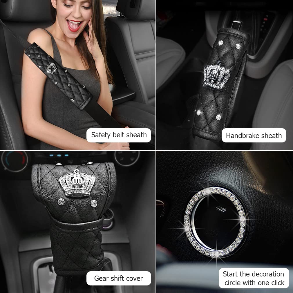 coofig Bling Crown Car Accessories Set for Women Girls,Bling Diamond Steering Wheel Cover + 2pcs Car Seat Belt Cover + Gear Shift Cover + Handbrake Cover + Button Ignition knob Car Bling Crown Decor