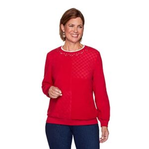 alfred dunner womens classic solid anti-pill top with contrast jewel neckline (red, 2x, 2x)