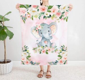 elephant baby girl blanket, elephant crib bedding, elephant nursery theme baby blanket, pink floral newborn coming home blanket, bedding swaddle blanket (40" x 50")