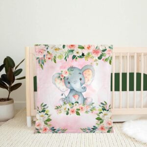 Elephant Baby Girl Blanket, Elephant Crib Bedding, Elephant Nursery Theme Baby Blanket, Pink Floral Newborn Coming Home Blanket, Bedding Swaddle Blanket (40" x 50")