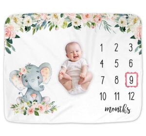 girl elephant baby monthly milestone blanket, safari elephant baby growth chart month blanket, watch me grow baby girl floral elephant nursery gift for new moms baby shower, includes marker (50"x40")