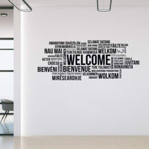 vinyl wall art decal - welcome collage - 22" x 56" - modern cute inspirational fun optimistic quote sticker for office lobby studio business entry way door windows coffee shop decor (black)