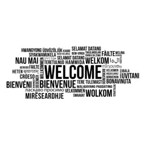 Vinyl Wall Art Decal - Welcome Collage - 22" x 56" - Modern Cute Inspirational Fun Optimistic Quote Sticker for Office Lobby Studio Business Entry Way Door Windows Coffee Shop Decor (Black)