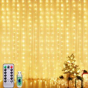300 led curtain string lights, 10x10 ft remote control curtain lights usb plug in waterproof window wall hanging curtain fairy light for bedroom wedding party decor home indoor outdoor decorations