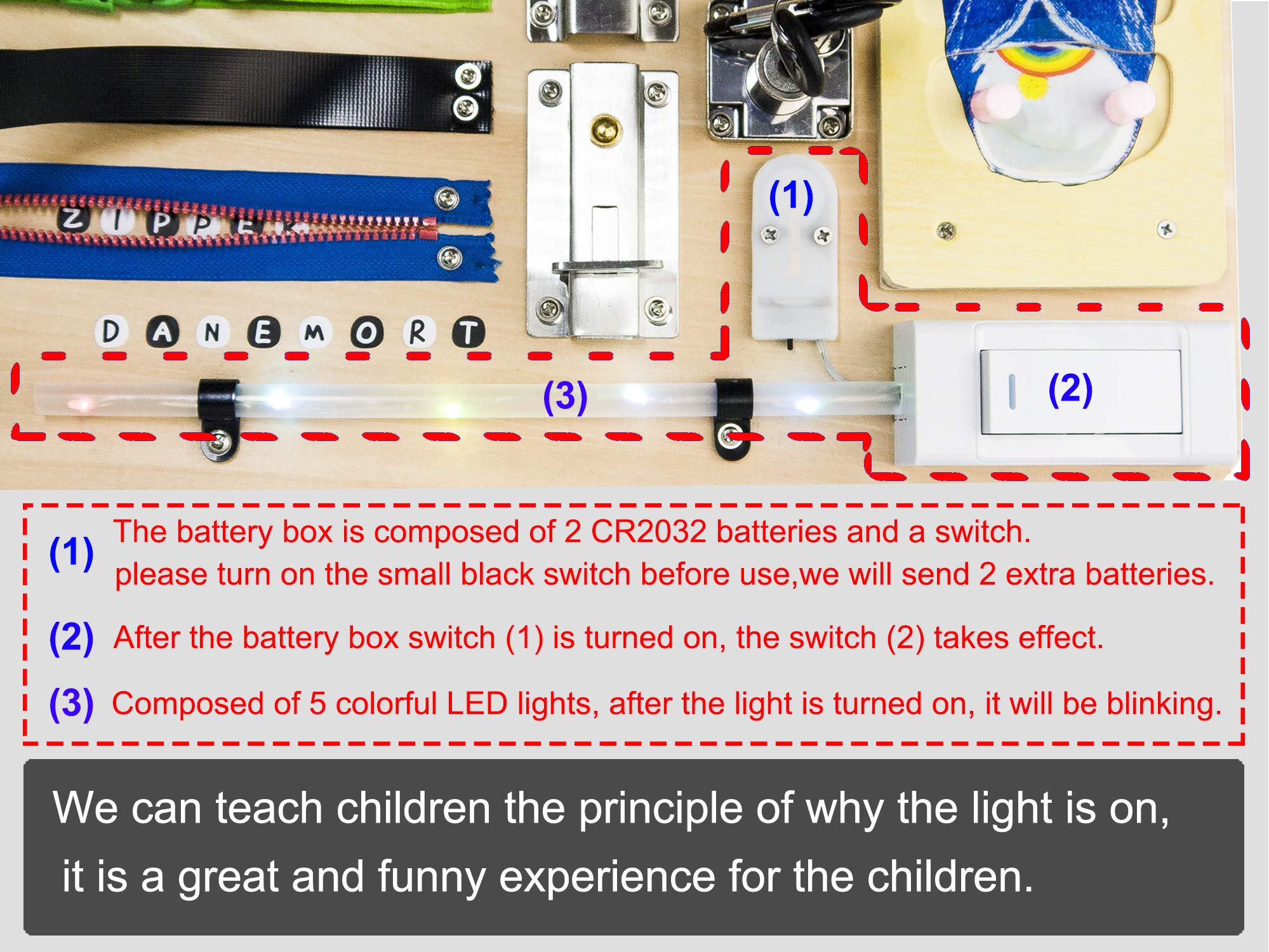 Danemort Montessori Wooden Busy Board for Toddlers 2-4, Educational Autism Sensory Toys Fidget Toy, Activity Toys Light Switch Toys for 1 2 3 Year Kids Boys & Girls (A)