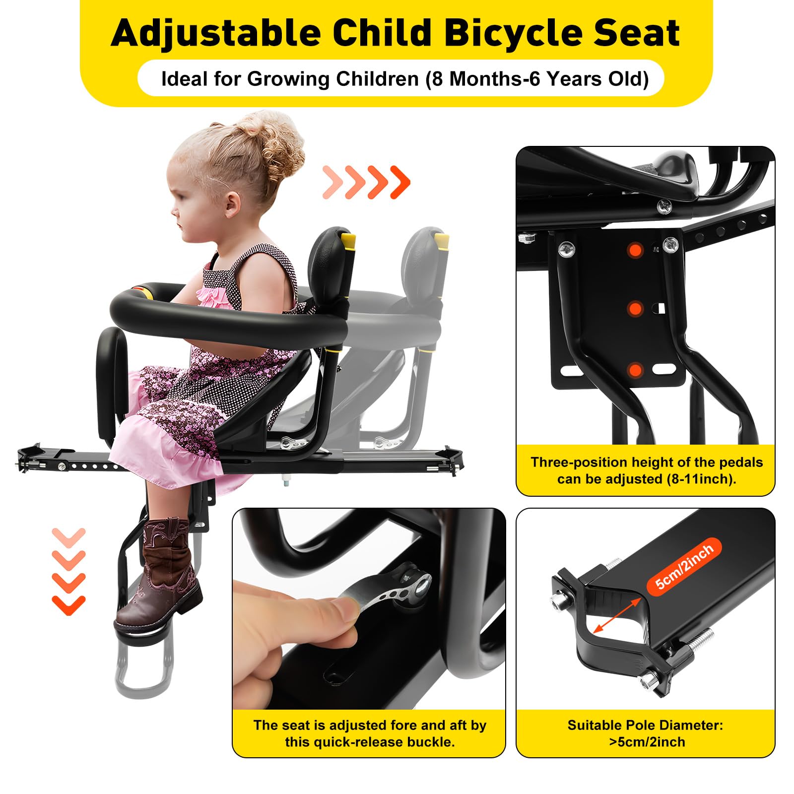 Gdrasuya10 Portable Bicycle Front Mounted Baby Seat Lightweight Child Bicycle Safety Seat Padded Saddle Kids Saddle Carrier Seat Cushion with Foot Pedal