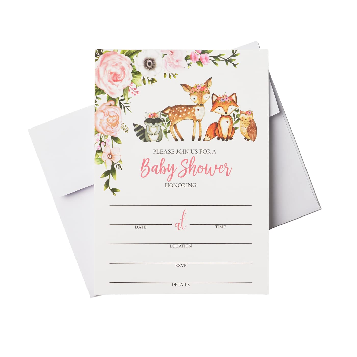 Boxed 25 Girl Woodlands Floral Greenery Baby Shower Invitations (Large Size 5X7 inches), Diaper Raffle Tickets, Book Request Cards with Envelopes Woodland Creatures Invites Fox, Deer, Owl, Raccoon