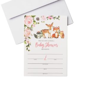 Boxed 25 Girl Woodlands Floral Greenery Baby Shower Invitations (Large Size 5X7 inches), Diaper Raffle Tickets, Book Request Cards with Envelopes Woodland Creatures Invites Fox, Deer, Owl, Raccoon