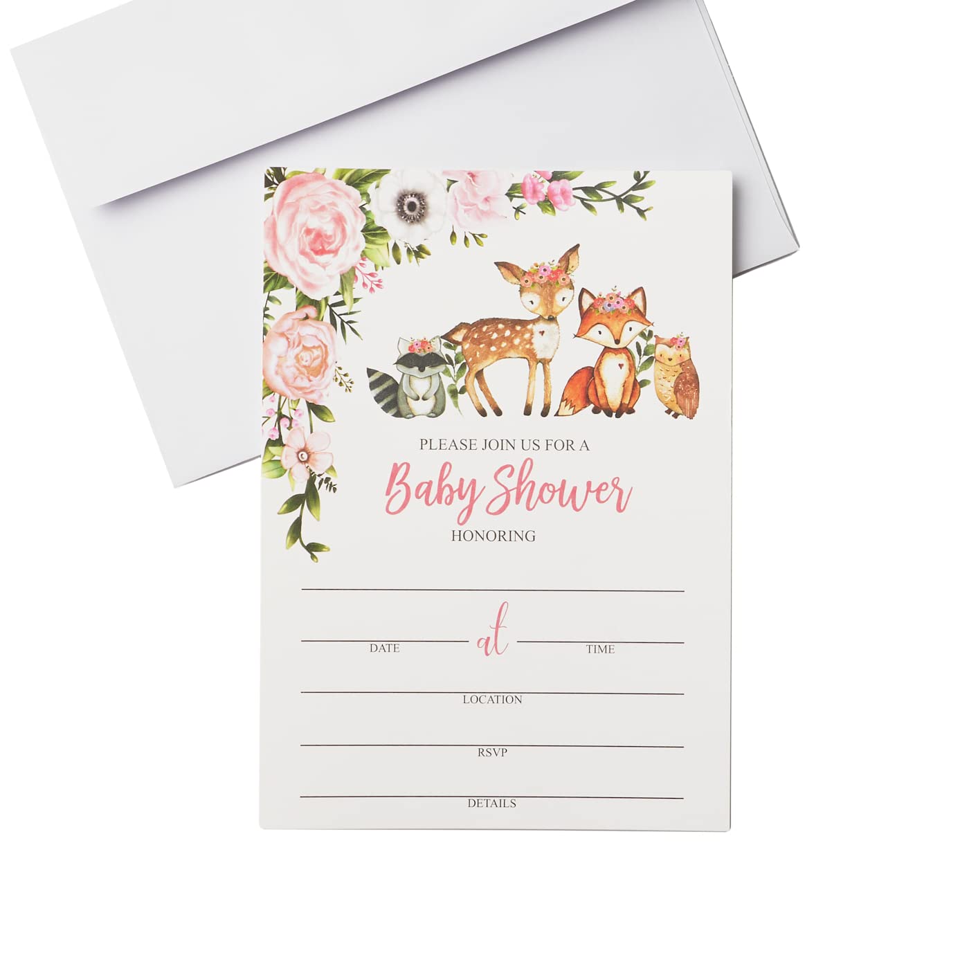 Boxed 25 Girl Woodlands Floral Greenery Baby Shower Invitations (Large Size 5X7 inches), Diaper Raffle Tickets, Book Request Cards with Envelopes Woodland Creatures Invites Fox, Deer, Owl, Raccoon