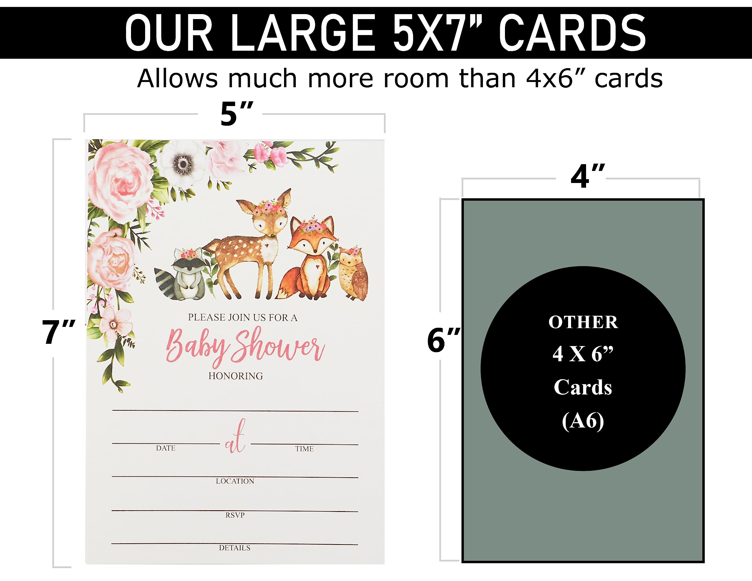 Boxed 25 Girl Woodlands Floral Greenery Baby Shower Invitations (Large Size 5X7 inches), Diaper Raffle Tickets, Book Request Cards with Envelopes Woodland Creatures Invites Fox, Deer, Owl, Raccoon