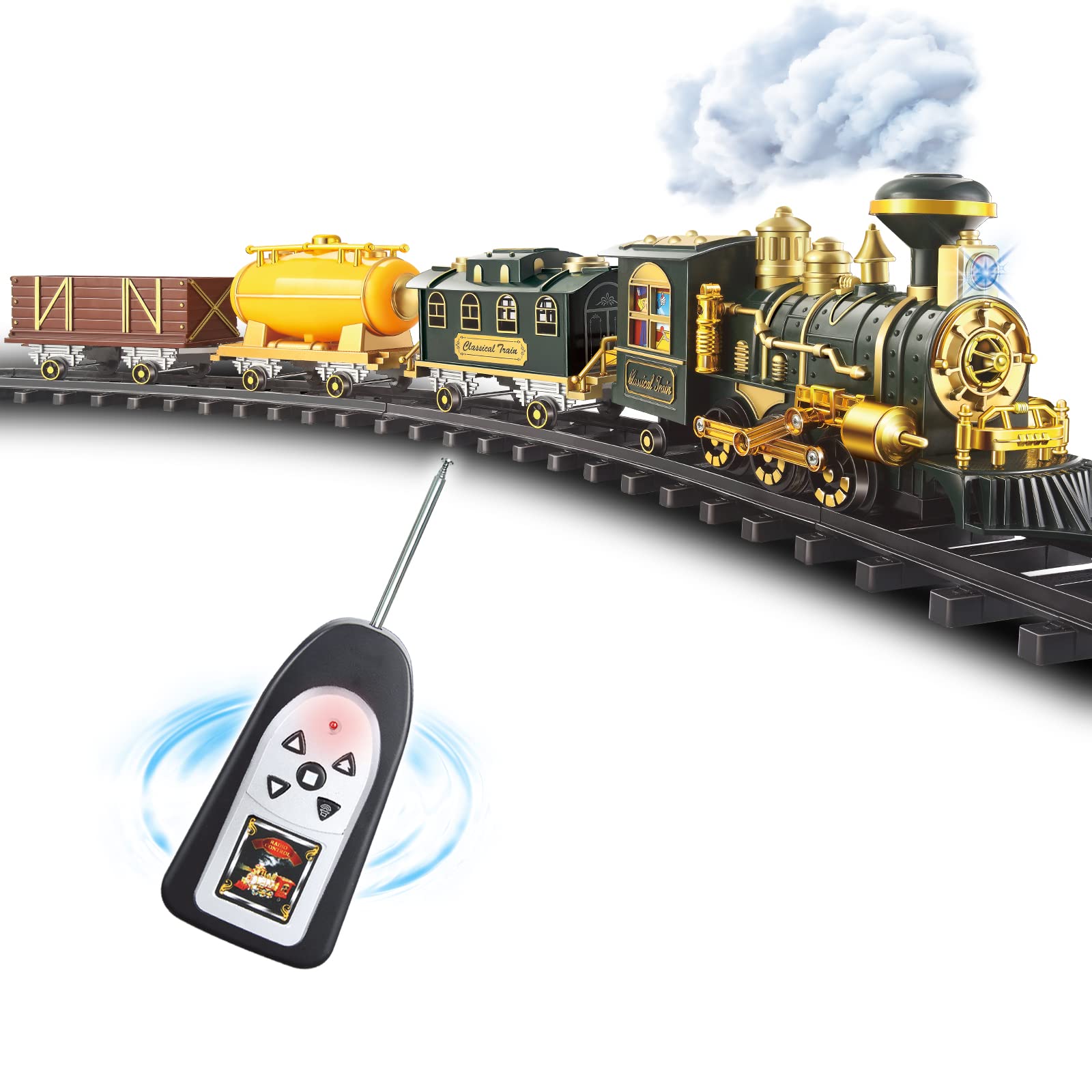 Train Set for Christmas Tree, Updated Large Remote Control Electric Train Toy for Boys Girls w/Smokes, Lights & Sound, Railway Kits w/Steam Locomotive Engine, for 2 3 4 5 6 7 8+ Year Old Kids