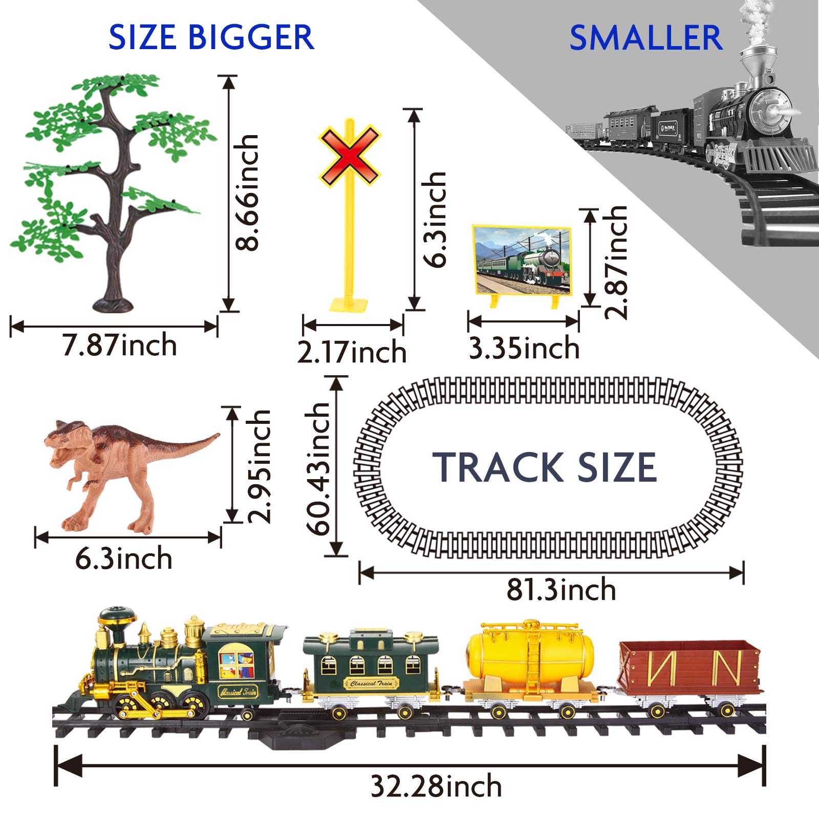 Train Set for Christmas Tree, Updated Large Remote Control Electric Train Toy for Boys Girls w/Smokes, Lights & Sound, Railway Kits w/Steam Locomotive Engine, for 2 3 4 5 6 7 8+ Year Old Kids