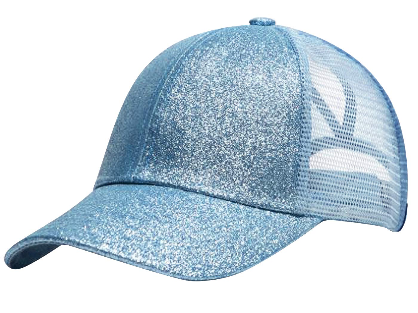 Anna-Kaci Womens Baseball Cap Glitter Ponytail Hat High Messy Bun Ponycap Trucker Dad Hat, Blue