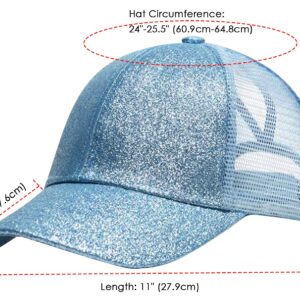 Anna-Kaci Womens Baseball Cap Glitter Ponytail Hat High Messy Bun Ponycap Trucker Dad Hat, Blue