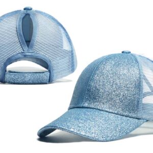 Anna-Kaci Womens Baseball Cap Glitter Ponytail Hat High Messy Bun Ponycap Trucker Dad Hat, Blue