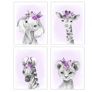 Baby Girl Nursery Wall Art Purple Floral Crown Safari Animals Elephant Giraffe Lion Zebra Decor 4 UNFRAMED PRINTS