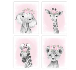 baby girl nursery wall art pink floral crown safari animals elephant giraffe lion zebra decor 4 unframed prints