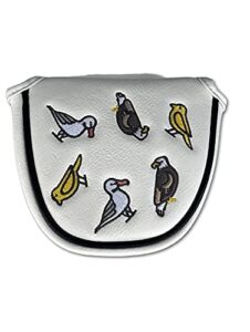 e9 golf fore the birds round mallet putter cover - synthetic leather golf mallet putter headcover - men & women golf mallet putter covers accessories - universal fit putter cover - (white)