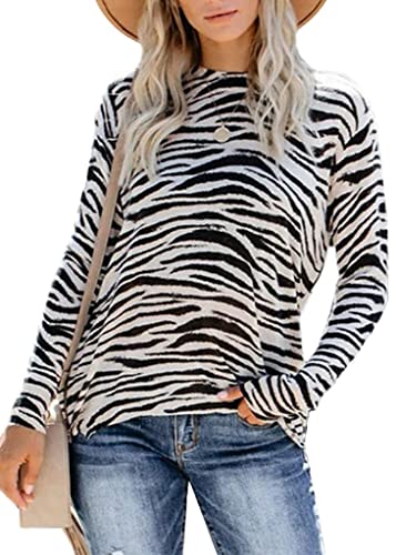 Anna-Kaci Women's Zebra Print Long Sleeve Pullover Tunic Top Fall Crewneck Sweatshirts, Zebra Print, Large