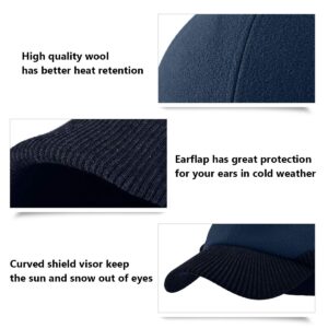 LCZTN Wool Winter Baseball Cap with Warmer Earflap for Men ＆ Women Outdoor Ski Visor Beanie Hat (Navy Blue)