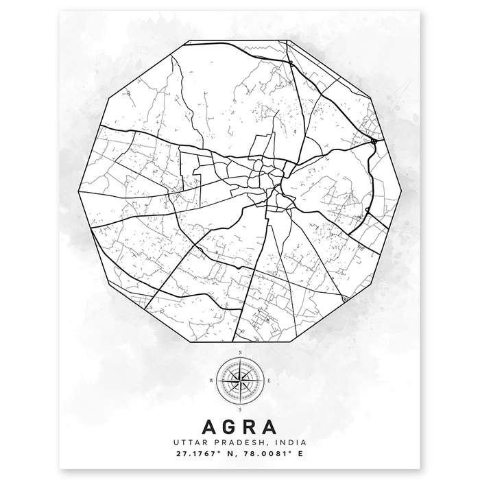 Agra Uttar Pradesh India Aerial Street Map Wall Print - World Geography Classroom Decor