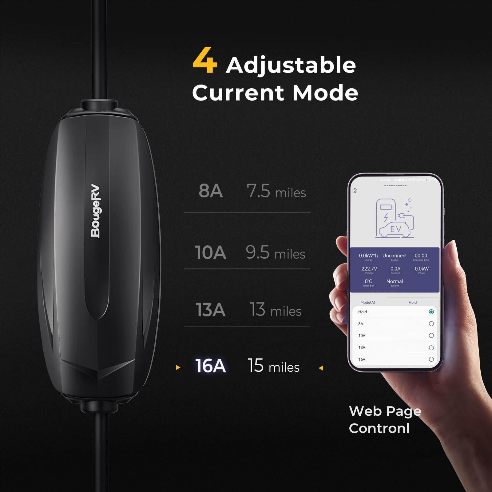 BougeRV Portable EV Charger Cable (16A, 25FT) EVSE Electric Vehicle Charging Station (NEMA6-20 with Adapter for NEMA5-15)