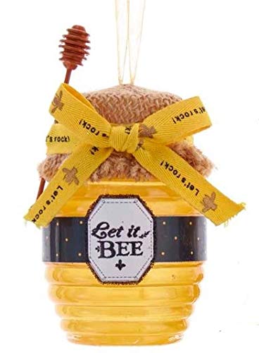 OnHoliday Let it Bee Honey Jar with Burlap Cover and Yellow Let's Rock Bow Christmas Tree Ornament